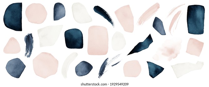 Abstract Isolated Elements. Blue, Navy, Blush, Pink, White Watercolor Illustration, On White Background. Abstract Modern Print Set. Logo. Wall Art. Poster. Business Card.