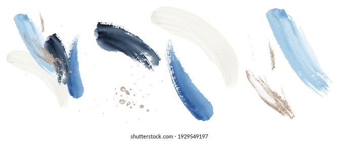 Abstract isolated elements. Brush strokes. Blue, navy, white watercolor illustration and gold elements, on white background. Abstract modern print set. Logo. Wall art. Poster. Business card.