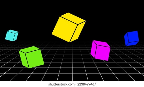 Abstract isometric rainbow cube and laser grid landscape dark background