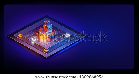 Abstract isometric user web interface design element. Digital glowing isometric design blocks on minimal background. Business system technology, global network, big data, smart app concept. 3D render