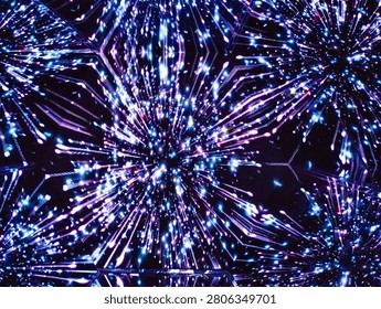 Abstract kaleidoscope cosmic background with exploding blue and purple neon light streaks.