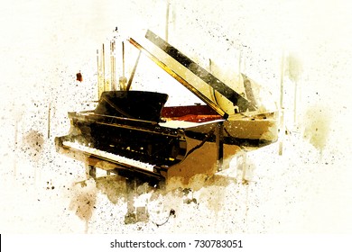 Abstract keyboard of the piano foreground Watercolor painting background and Digital illustration brush to art.
