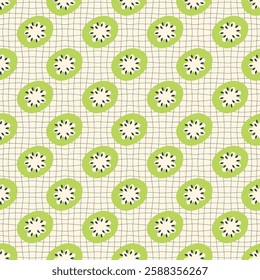 Abstract kiwi slices seamless pattern on checkered distorted background. Psychedelic print for fabric, paper, textile. Hand drawn illustration.