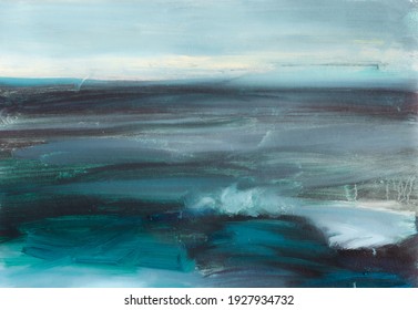 Abstract Landscape Art Background. Seascape Contemporary Art. Oil Painting Of Ocean. Oil Paint Texture. Modern Art.