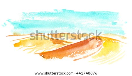 Abstract landscape with bright blue sky and sand dunes painted in watercolor on white isolated background