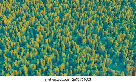 Abstract landscape of dense, geometric forms with vibrant yellows and blues creating an illusion of a sprawling futuristic cityscape or complex data visualization, without visible text