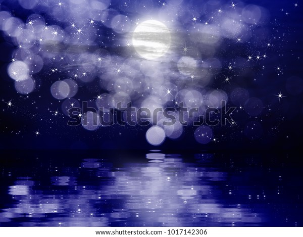 An abstract\
landscape with fuzziness, stars and moon reflecting in a slightly\
undulating surface of\
water