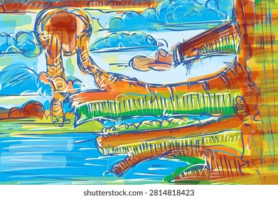 ABSTRACT LANDSCAPE WITH MIXED ELEMENTS FROM VERTICAL AND HORIZONTAL LANDSCAPES 

CONFUSION VIEW 
COULD BE USED FOR BACKGROUND 
CLOUDS  TREE MOUNTAINS OCEAN OR LAKE WATER BODY OF WATER 