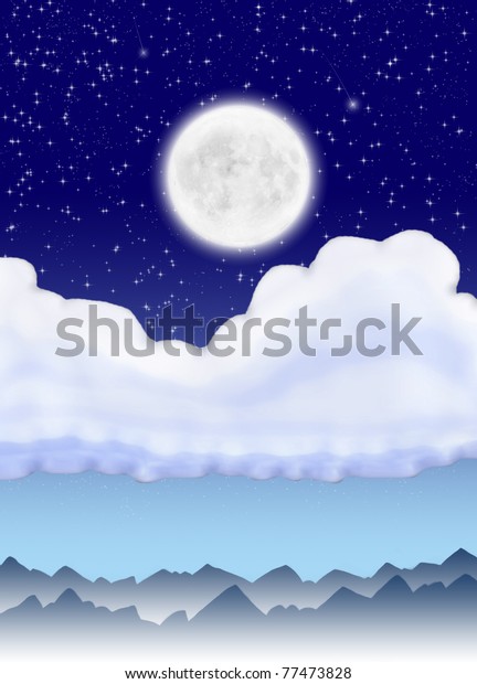 Abstract\
landscape with moon, clouds and\
mountain