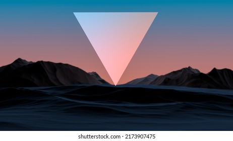 The Abstract Landscape Of A Mountain With A Blurred Background At Sunset And A Neon Triangle.Futuristic Minimalism.3D Render.