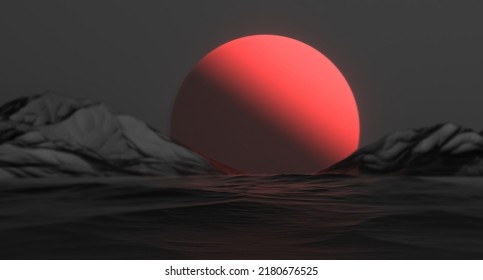 The Abstract Landscape Red Planet On The Horizon Among The Mountains On A Blurred Background. Scarlet Planet Futuristic Abstract Landscape.3D Render.