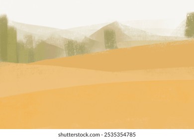 Abstract landscape with soft, muted colors. Rolling hills and trees create a serene, peaceful scene. The landscape evokes calm and tranquility. Abstract landscape wallpaper textured background. - Powered by Shutterstock