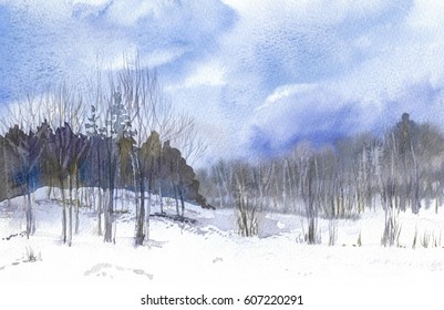 Abstract Landscape, Trees, Shrubs, Snow, Spring Is Coming Watercolor Painting Background