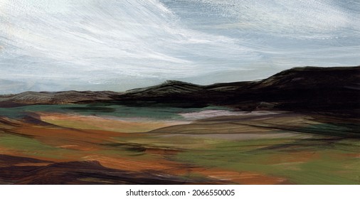 Abstract landscape. Versatile artistic image for creative design projects: posters, banners, cards, websites, prints and wallpapers. Acrylic on paper. Contemporary painting.