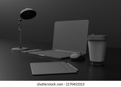 An abstract laptop, lamp, telephone and tablet of black pastel color on a black background. Minimalistic concept, modern office, abstract room. Modern work, creative. 3D rendering, 3D illustration. - Powered by Shutterstock