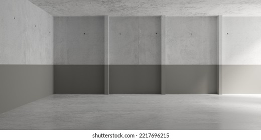 Abstract Large, Empty, Modern Concrete Room, Half Painted Walls, Indirect Light From Right Side And Concrete Floor - Industrial Interior Background Template, 3D Illustration