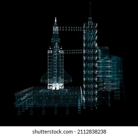 Abstract launch pad complex: rocket launch as part of a space mission. Launch pad complex with rocket and shuttle. All of the particles. 3d illustration. Elements of this image furnished by NASA