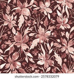 Abstract leaves and flowers repeat pattern. Botanical digital print hand drwan with watercolor. Not AI. Mocha mousse seamless tile. Elegant floral background for textile, fabric, clothing