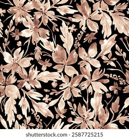 Abstract leaves and flowers repeat pattern. Botanical digital print hand drwan with watercolor. Not AI. Mocha mousse seamless tile. Elegant floral background for textile, fabric, clothing