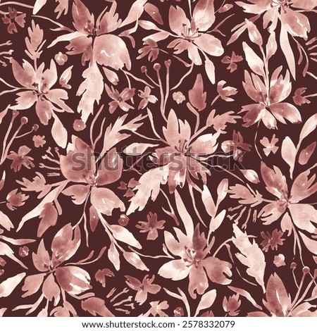 Abstract leaves and flowers repeat pattern. Botanical digital print hand drwan with watercolor. Not AI. Mocha mousse seamless tile. Elegant floral background for textile, fabric, clothing