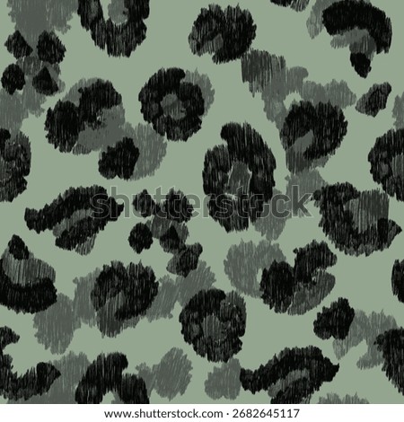  Abstract leopard print seamless pattern with a scribble texture. Modern hand-drawn animal vector on a sage green background.