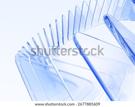 Abstract light blue 3d background with glass transparent triangle plate row. Crystal glossy triangular shapes with circular motion effect. Futuristic digital tech, layers wave pattern. 3D Illustration