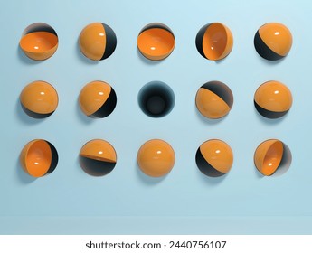 Abstract light blue mock up background with orange spheres; minimal geometric concept space with cylindrical holes in wall and cups; moon phases concept, niche, 3D rendering, 3D illustration Ilustração Stock