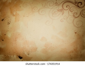 Abstract Light Brown Background With A Yellow Center And Dirty Grungy Vignette Shaded Border In A Beautiful Vintage Layout With Country Western Design Elements Of Spattered Artsy Curls And Flourishes.