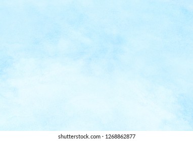 Abstract Light Sky Blue Shades Watercolor Aquarelle Painted Background On White Paper Texture. Textured Canvas Design For Card Template. Paint Handmade Illustration