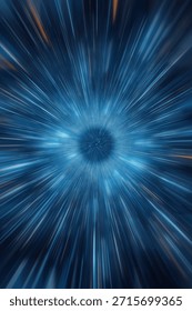 Abstract light speed motion background with blue starburst light trails zooming toward a central portal.