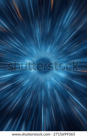 Abstract light speed motion background with blue starburst light trails zooming toward a central portal.