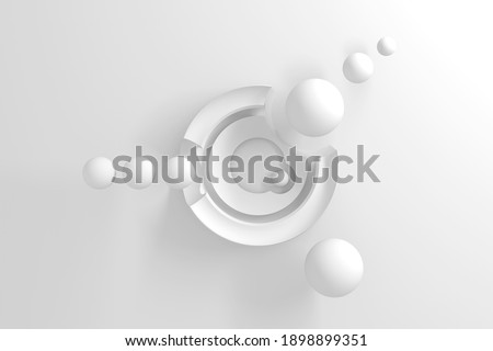 Abstract light three-dimensional background of many circles with a stylized display of the planet and satellites on white background. 3D illustration