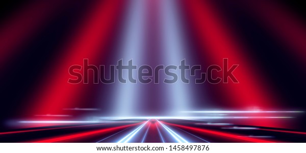 Abstract light tunnel.  Movement speed, reflection.\
Night scene with neon spotlights, glare. Dark abstract background\
with neon.