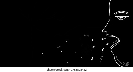 Abstract Line Drawing Minimal Art Illustration Conceptual Sketch Showing A Man Sneezing And Spreading Virus In Form Of Droplets, Symptoms - Corona Virus, Covid-19 Contamination 