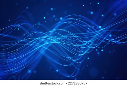 Abstract lines flowing dynamic pattern in blue colors on black background for concept of AI technology.