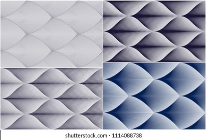 Abstract lines geometric seamless patterns set, repeat endless fabric backgrounds collection. Floral leaves or fish squama shapes trendy motif. Single color, black and white. Usable for fabric, wallpa