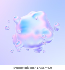 Abstract liquid holographic gradient shape. Liquid metal bubbles splash. Fluid neon morphing bubbles. 3d rendering.