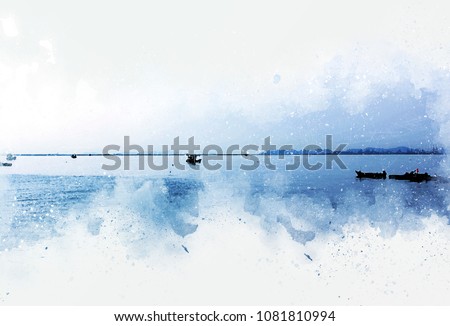 Abstract Long boat fishing on watercolor paining background and colorful splash brush to art.