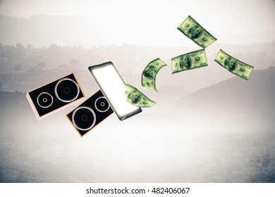 Abstract Loudspeakers And Dollar Bills Flying Out Of Cellular Phone Screen On Landscape Background. 3D Rendering. Booking Concert Tickets Online Concept