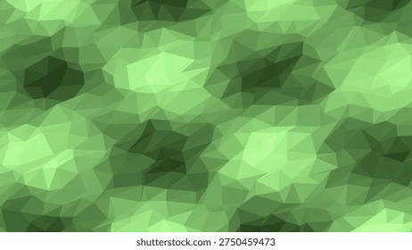 Abstract low poly geometric pattern in various shades of green with a camouflage-like appearance. The design features a tessellation of triangles creating a dynamic and textured background.