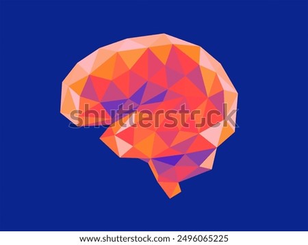 An abstract, low-poly brain 3d rendered in warm orange and pink hues against a cool blue background. Evokes themes of thought, intellect, creativity, and the complexity of the human. 3D Illustration