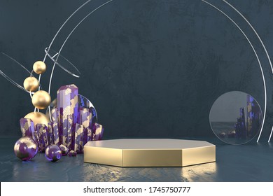 Abstract Luxury Golden Stage Platform Podium With Crystal, For Advertising Product Display, 3d Rendering.