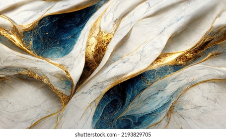 Abstract Luxury Marble Background. Digital Art Marbling Texture. Blue, Gold And White Colors