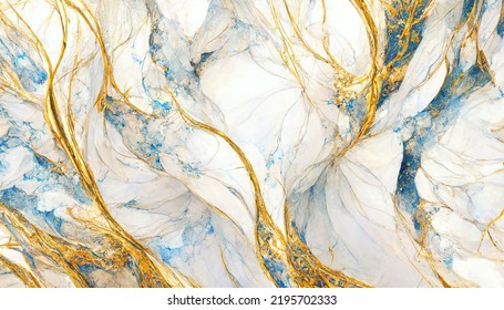 Abstract Luxury Marble Background. Digital Art Marbling Texture. Blue, Gold And White Colors