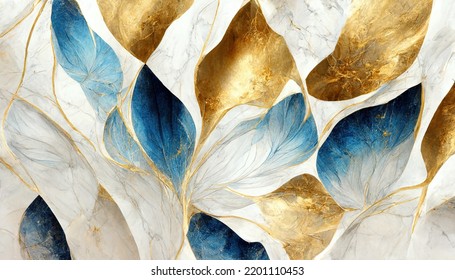 Abstract Luxury Marble Background. Digital Art Marbling Texture. Blue, Gold And White Colors. 3d Illustration