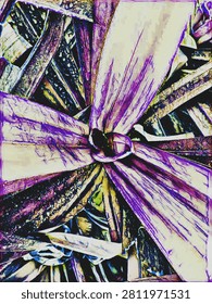 Abstract macro composition featuring radiating purple and cream structures with intense textural detail. The image resembles a stylized botanical cross-section or crystalline formation, enhanced with high-contrast digital effects and vibrant hues.