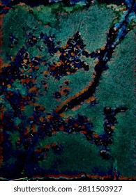 Abstract macro texture featuring a weathered surface with dominant teal and turquoise tones, accented by patches of copper-orange rust and deep black cracks, resembling oxidized metal, mossy stone, or an aerial landscape view.