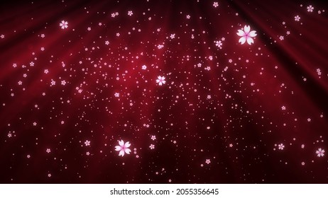 Abstract Magic Red Shine Blurry Burst Light From The Top And Sakura Cherry Blossoms Particles Falling Down Background