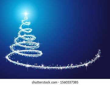 The Abstract Magic Sparkling Snow Christmas Tree On Plain Dark Blue Gradient Background With Space For Text Or More Decorate Or Etc. On Top By Shining Star. Illustration Background.