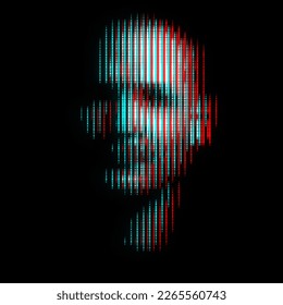 Abstract man face silhouette illustration in halftone black and white television screen pixels pattern. Glitched and corrupted halftone old CRT TVs and VHS pixel style. RGB color split effect applied